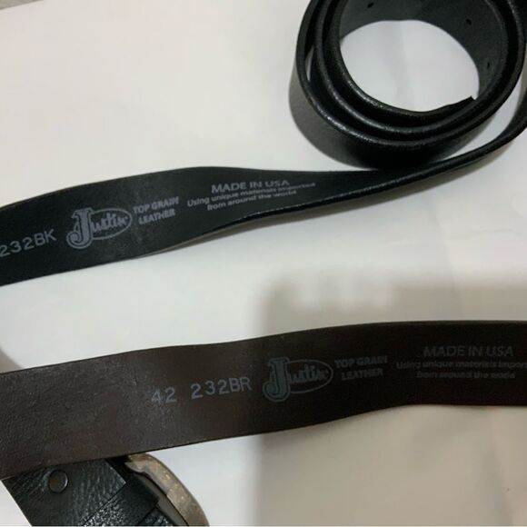 Justin Top Grain Leather Belt Size 42 Made In USA lot of 2 black & brown - Picture 6 of 11